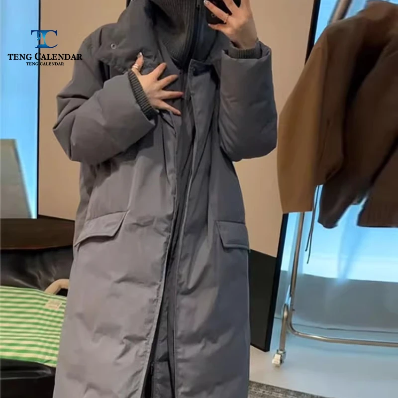 European Long Down Jacket, Loose White Duck Down Liner Workwear Jacket, Women's Autumn/winter 2025 New Style