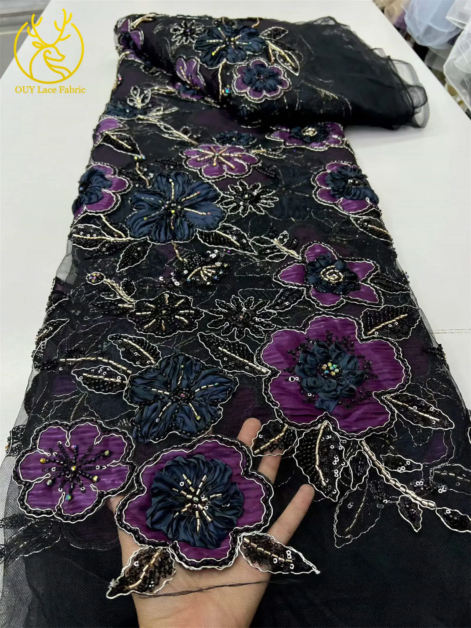 Afrikanischer Pailletten-Perlen-Spitzenstoff, hochwertiger nigerianischer französischer 3D-Blumen-Spitzenstoff für Kleidung, DIY, handgefertigter Stoff, 5 Yards – Detail 11