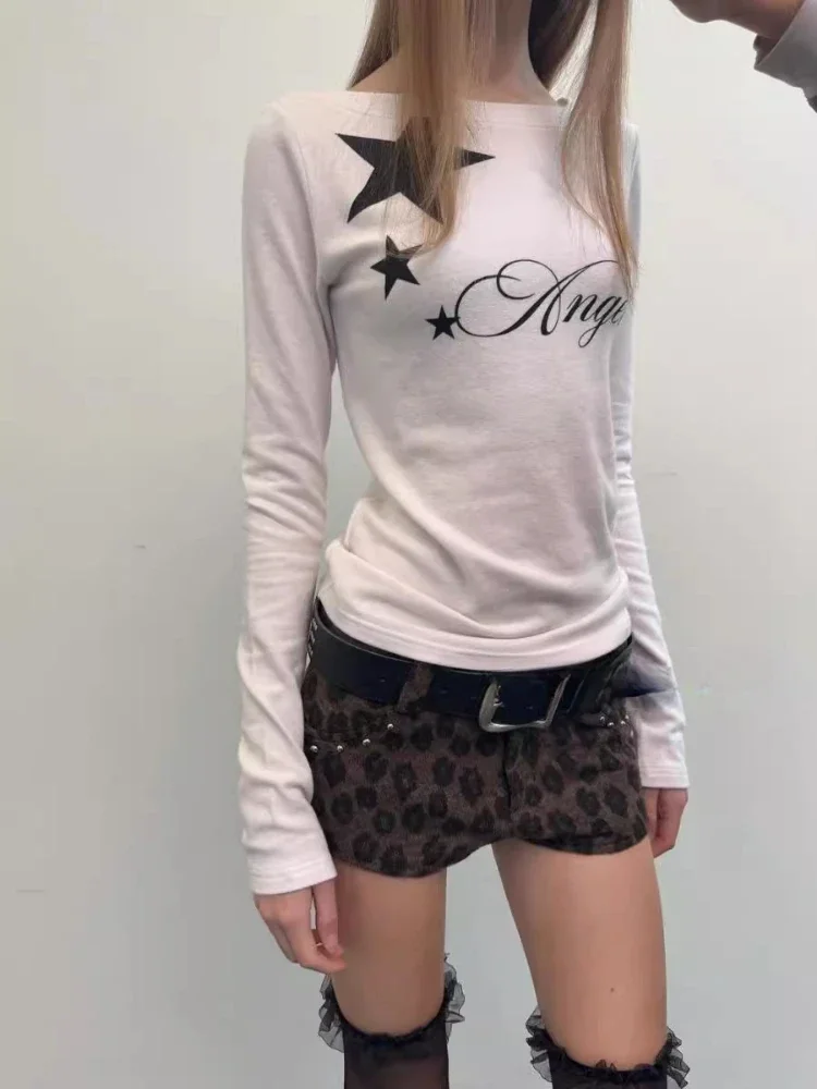 

Y2k Aesthetic Letter Star Printing Vintage Tshirts Women Straight Barrel Grunge Autumn Tees Harajuku Simple Streetwear T Shirt