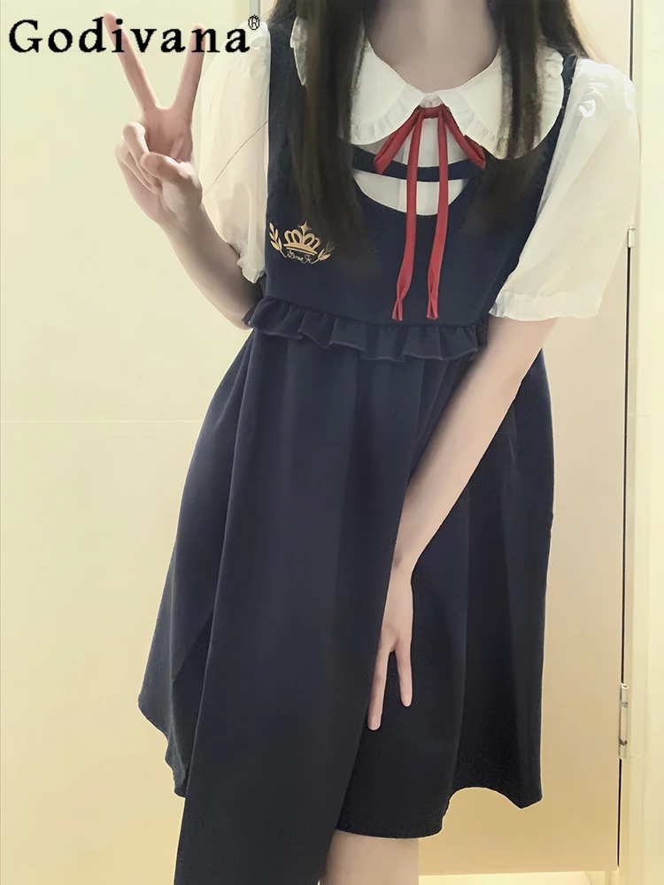 

Japanese Jk College High Waist Loose Princess Vest Dress Girl Summer New Peter Pan Collar Short Sleeve Age Reduction White Shirt