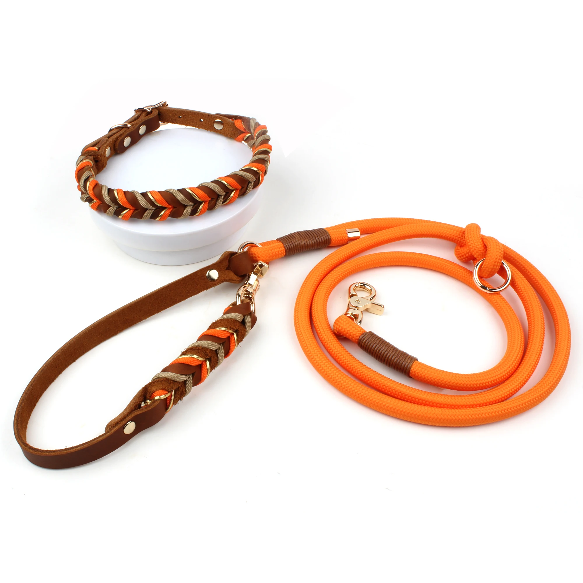 Braunes Leder-Hundehalsband und Leinen, Anzug, gewebte Muster, wunderschönes, langlebiges Nylon, orange Farben, Seil, freihändiges Design, 2026, neu – Detail 19