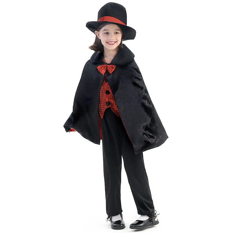 Top de fantasia de mágico com capa e chapéu vermelho para crianças, roupa para mágico, fingir jogar, conjunto de vestir para meninos e meninas, adereços de Halloween