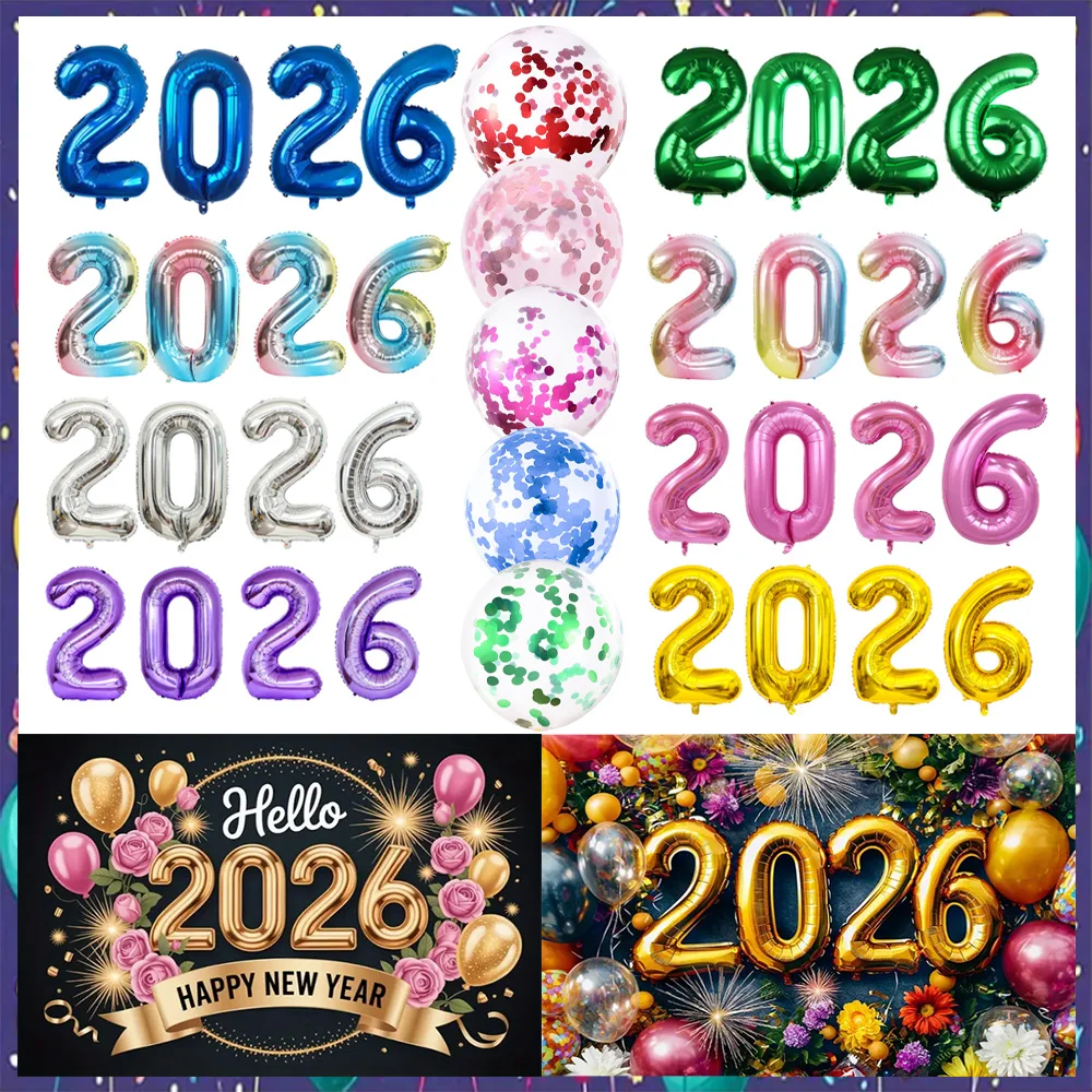 

32inch Rainbow Gradient 2026 Number Foil Balloon New Year Party Decorations Golden Balloon 2026 Firework Shiny Backdrop Supplies