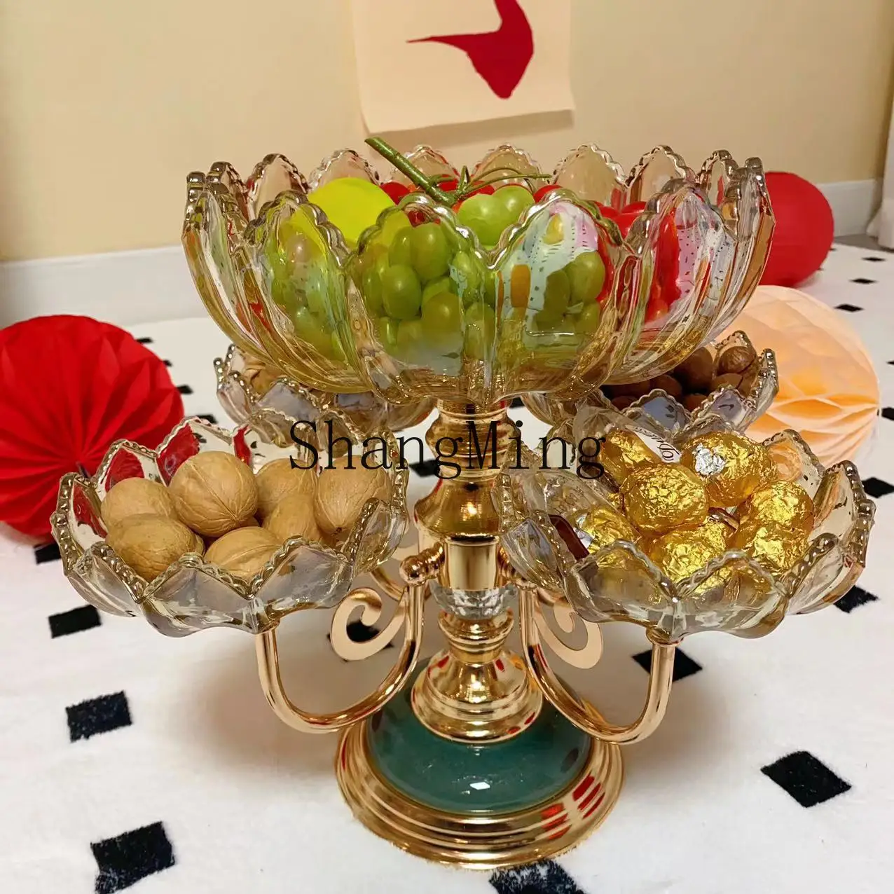 SM Rotating Creative Crystal Glass Large Fruit Plate for Home Living Room Coffee Table High Platform Fruit Bowl Rotatable