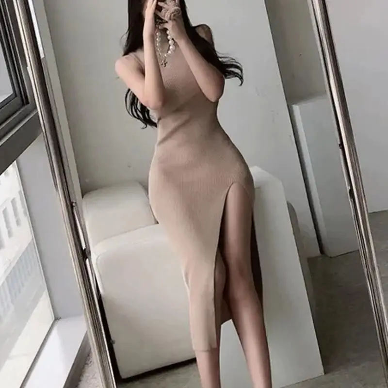 

Dongda Gate Personality Half High Collar Slim Fit Long Knitted Wrap Bodycon Dress No Sleeve Korean Style Pure Color Skin Frie...