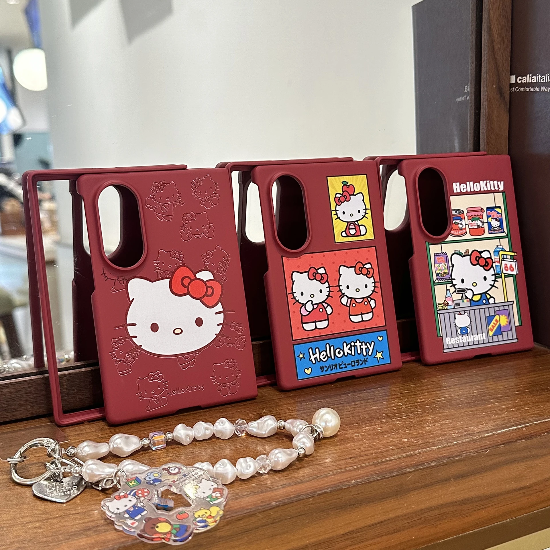 Kawaii Cartoon Kitty Burgundy Fold Cover For Samsung Galaxy Z Fold 8 Z Fold 8 Ultra With Fashion Pearl Bead Lanyard Z Fold 8