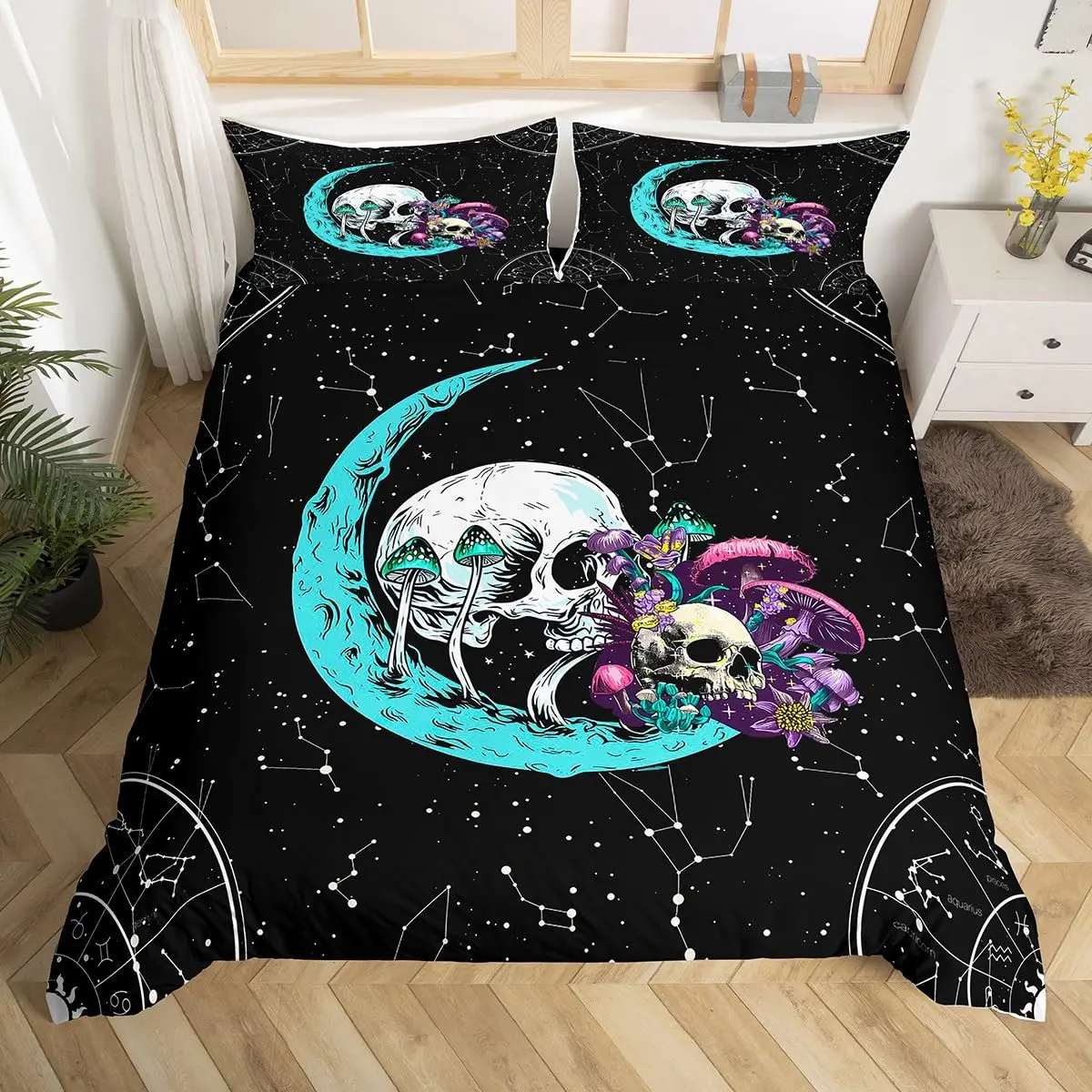 

Gothic Skull Bedding Set King Queen Bohemian Skeleton Sun Duvet Cover Trippy Mushroom Comforter Cover Flower Plant Quilt Cover
