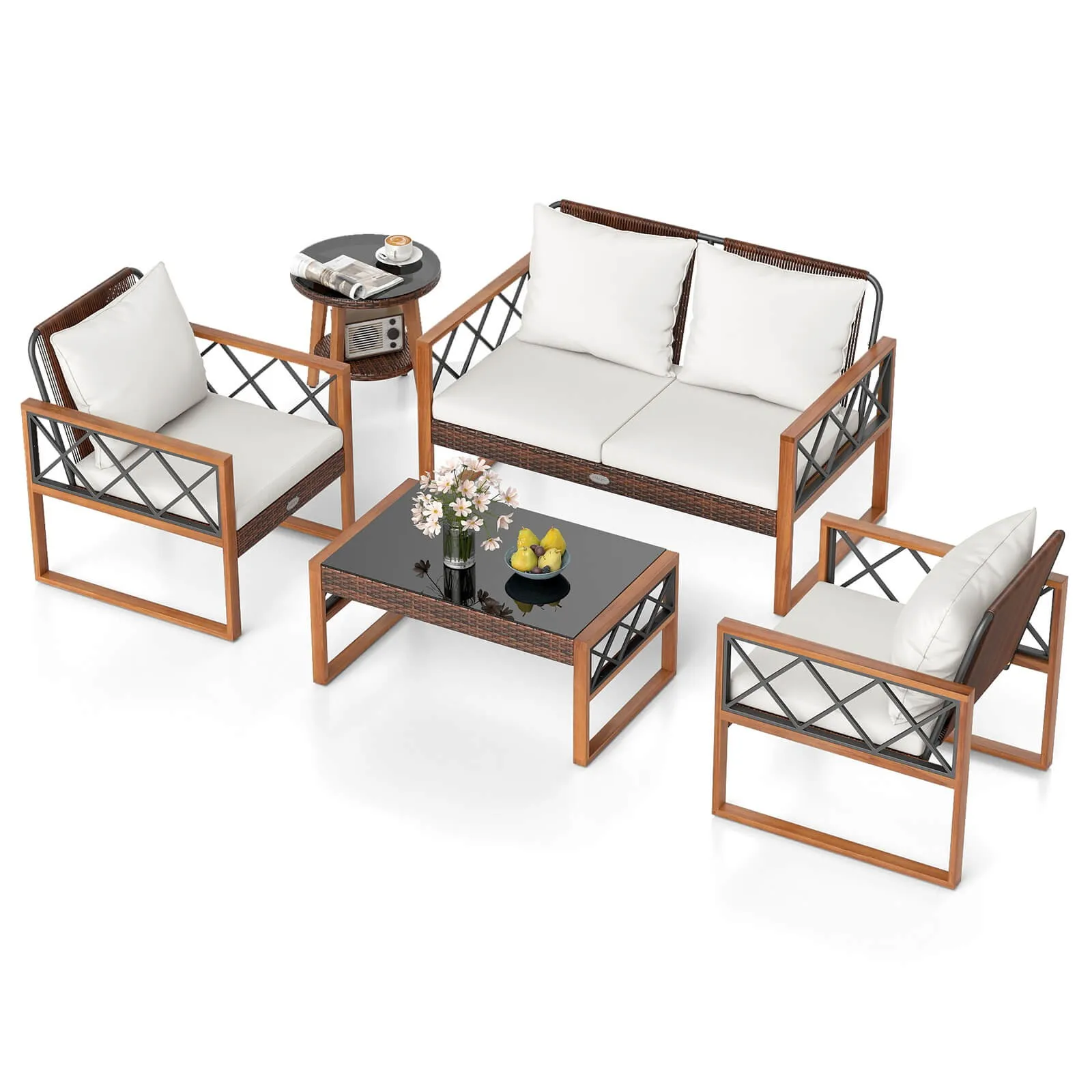 

5 PCS PE Wicker Patio Furniture Set w/Acacia Wood Frame Cushions for Deck Garden