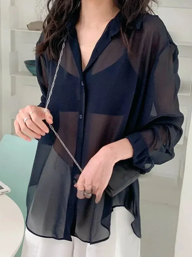 ADAgirl Sun-proof Transparent Shirt Female Mesh Long Sleeve Y2k Top Solid Loose Chiffon Blouse Korean Fashion Cardigan for Women