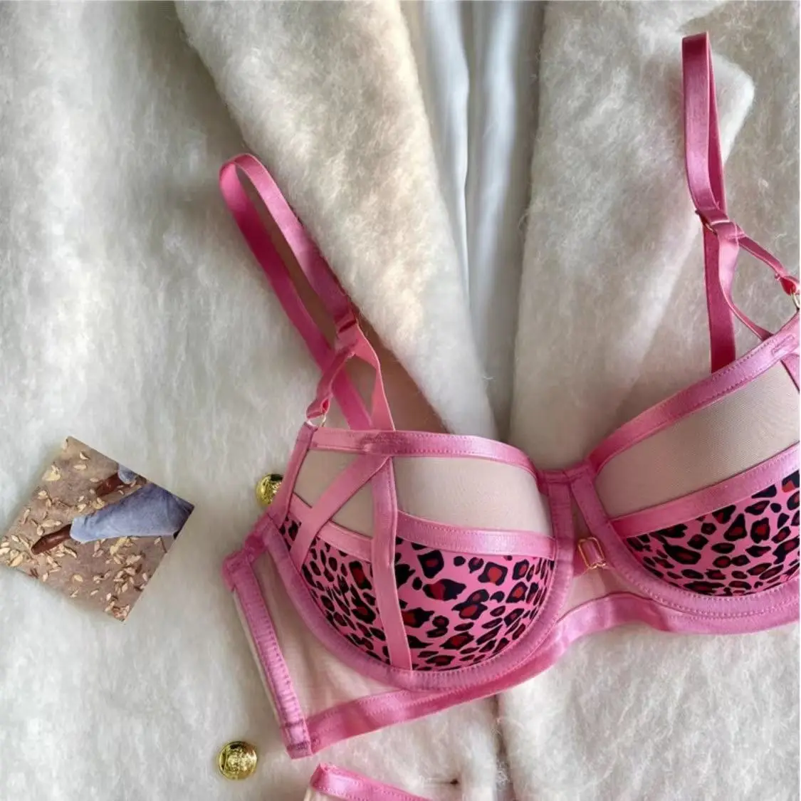 Sexy Leopard Lingerie Set Gathered Hollow Thin Belt to Collect Breasts Bra on the Thin Bottom Thick Soft Steel Ring Bra Set