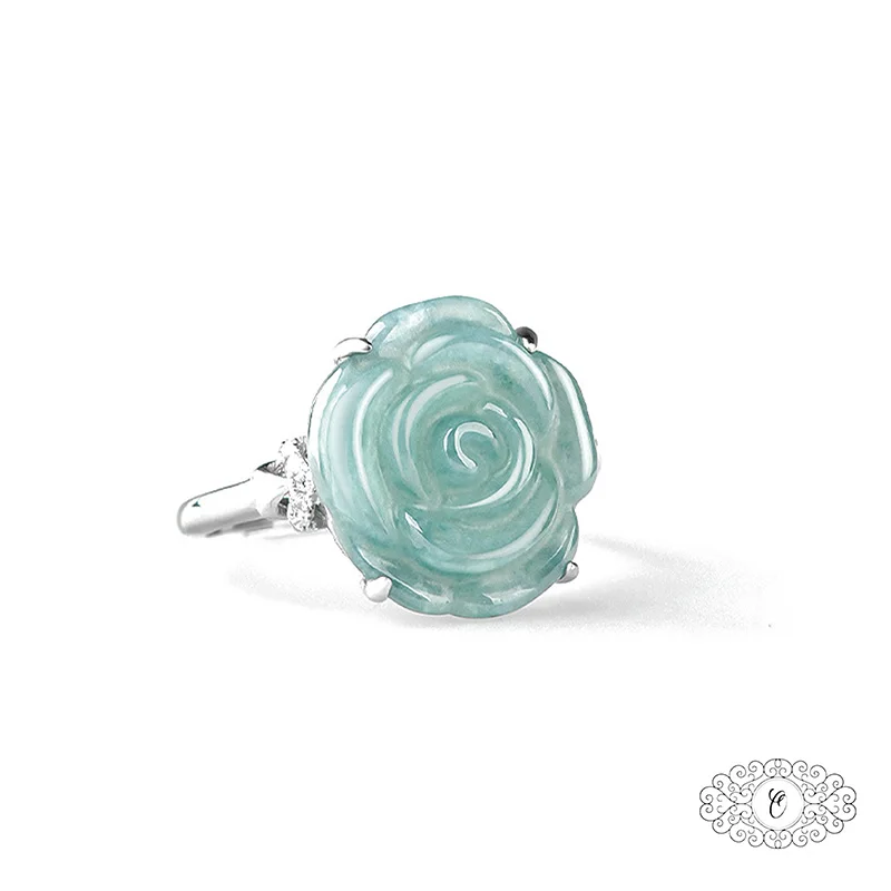 

Blooming Blue Rose Ring: Natural Carved Jadeite Centerpiece On 925 Silver Band, Artisan Jewelry For Women