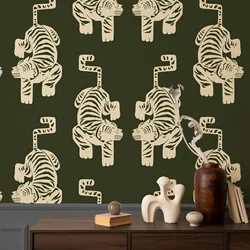 Peel and Stick Olive Green Tiger Wallpaper,Vintage Aztec Tiger Wallpaper,Retro Self adhesive Or Tradition Non-woven Animal Paper