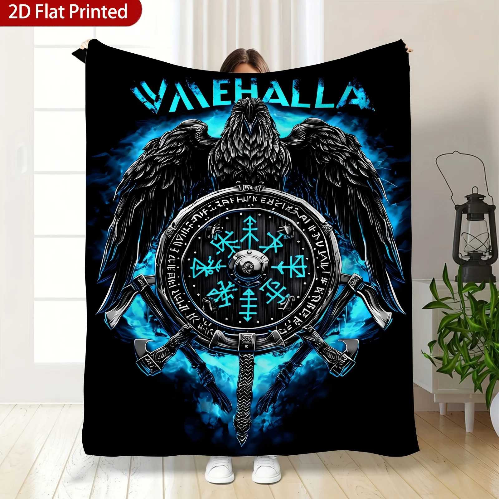 2D Flat Printed 1pc Viking Norse Raven Valhalla Blanket - Dark Blue And Black Viking Rune Design - Lightweight Flannel Throw for