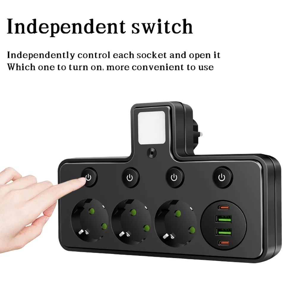 EU AC Plug Socket Wall Mounted Power Strip 2/3/4 Outlet With/Without Night Light USB C Ports Wall Charger Adapter For Home