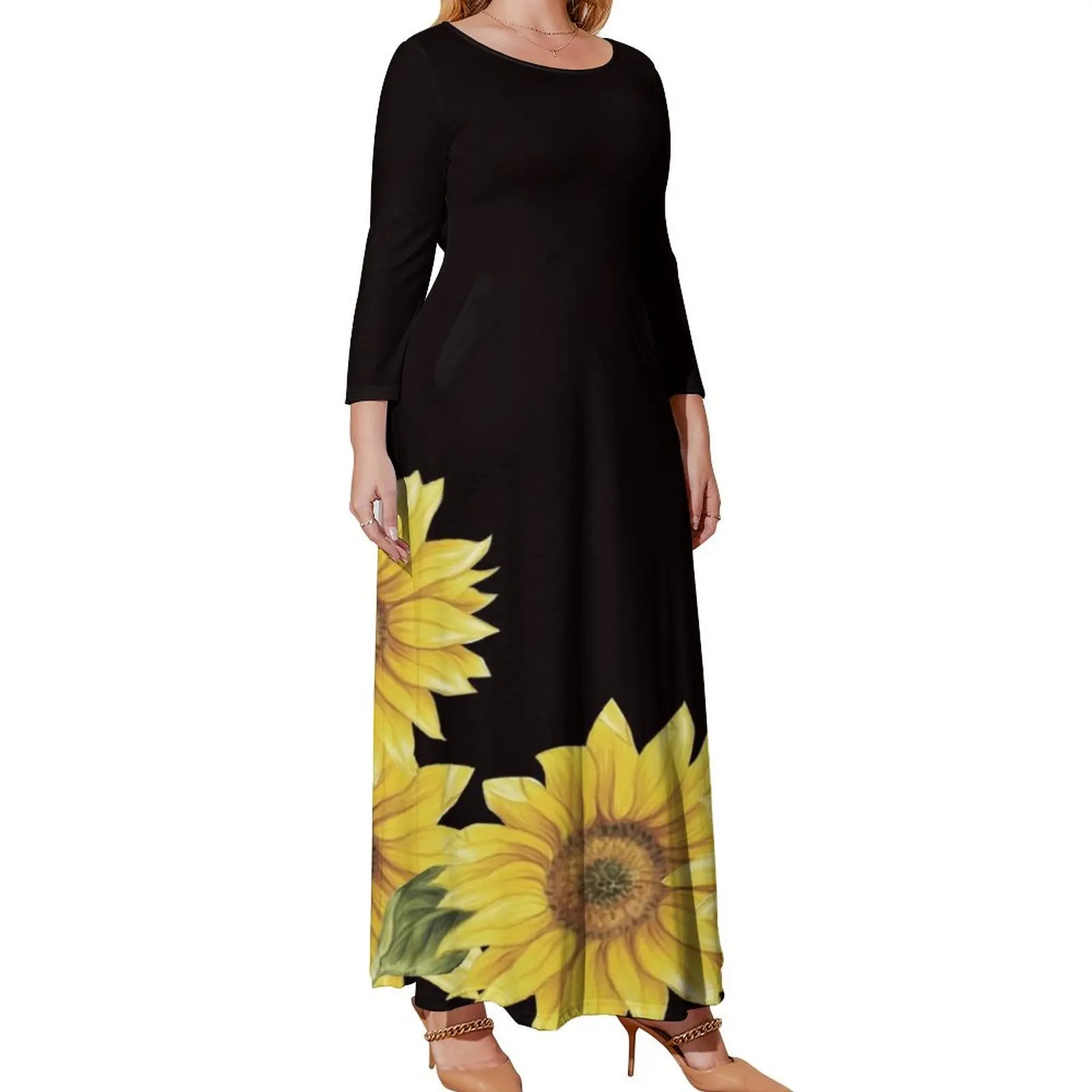 

SUNFLOWERS ON BLACK Long Sleeved Dress Women's clothing wedding dresses for woman summer dress