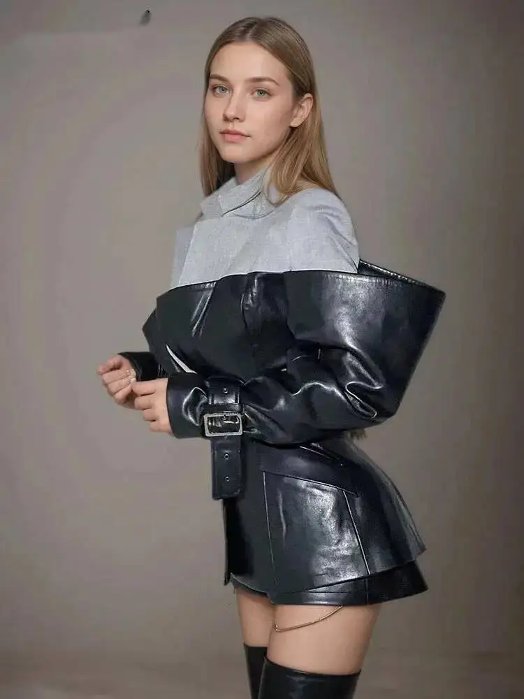 Coat Fashion PU Leather Patchwork Blazer Women's Lapel Slim Double Breasted Long Sleeves Suit Jacket Autumn New CQ02