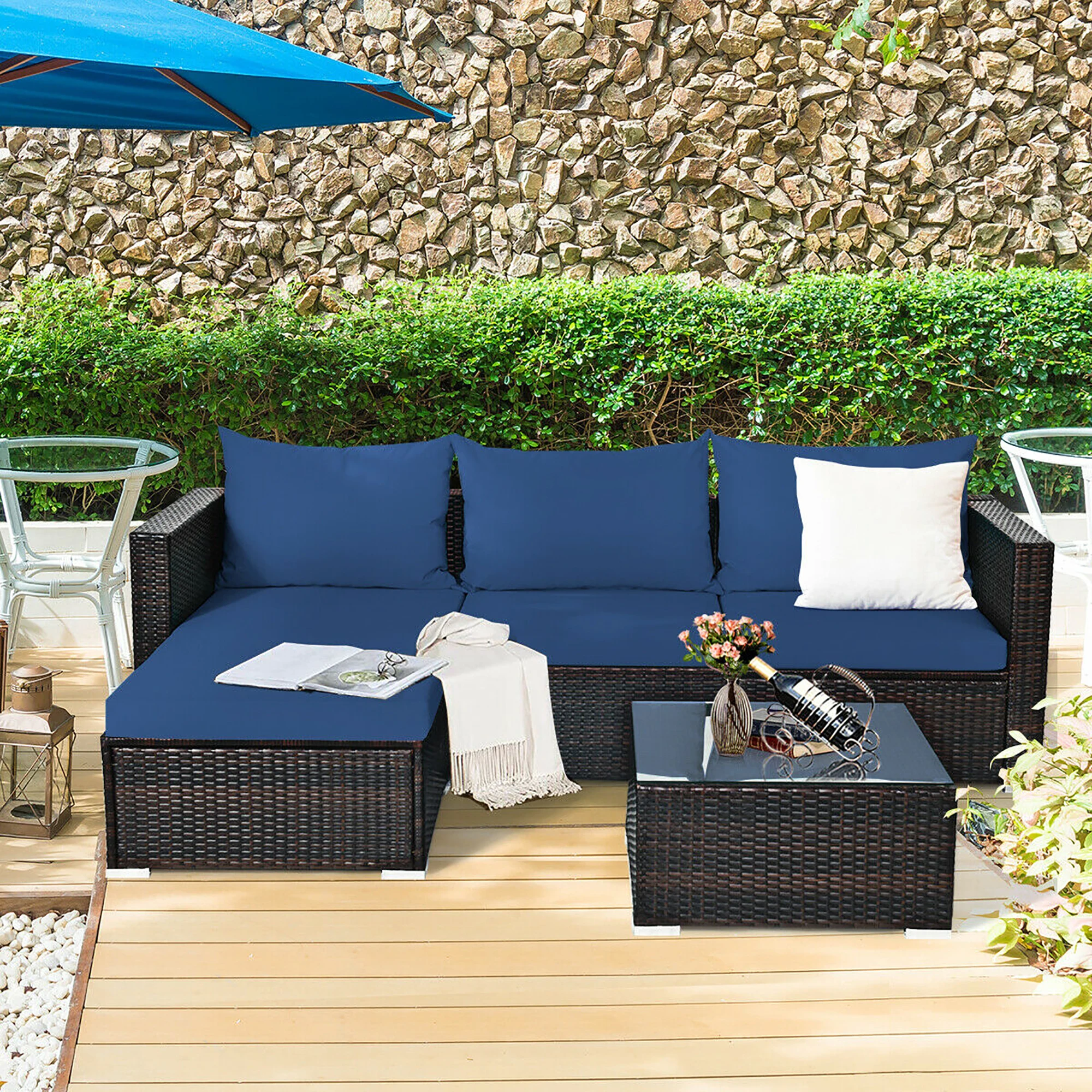 5PCS Patio Rattan Furniture Set Sectional Conversation Sofa w/ Coffee Table Navy