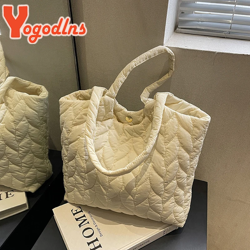 Fashion Women Handbags Cotton Padded Top-handle Bags Casual Female Solid Color Quilted Large Capacity Tote Shoulder Bag