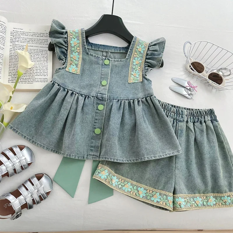 

2025Girls Summer New Fashionable Hollow Bow Denim Princess Dress