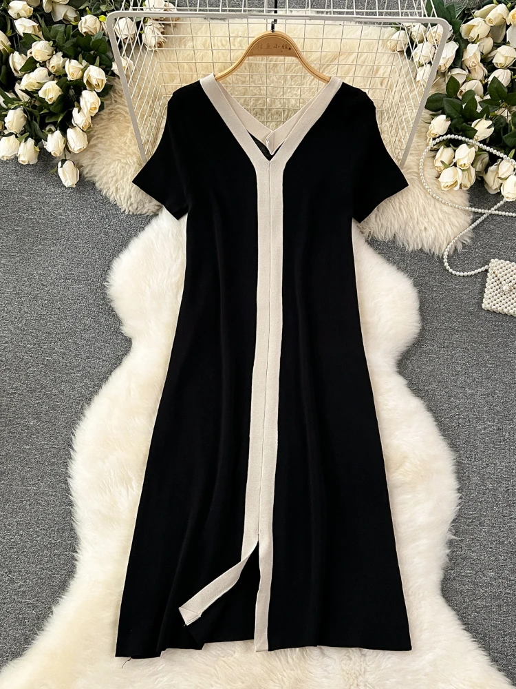 

Women Elegant Vintage Knit A-line Dress Spring Summer New V-neck Short Sleeved High Waist Patchwork Loose Straight Casual Robe