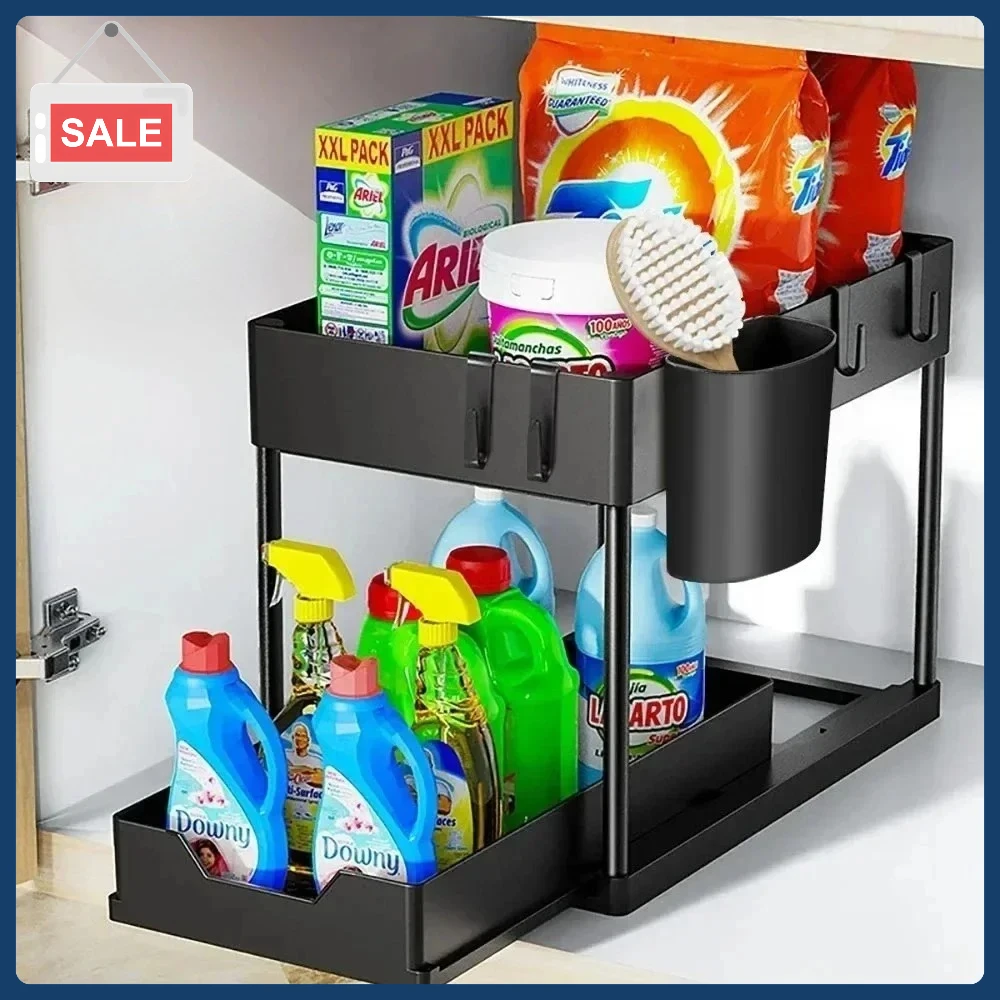 

2 Tier Under Sink Organizer Sliding Cabinet Basket with Hooks Hanging Cup - New Bathroom Kitchen Space-Saving Rack