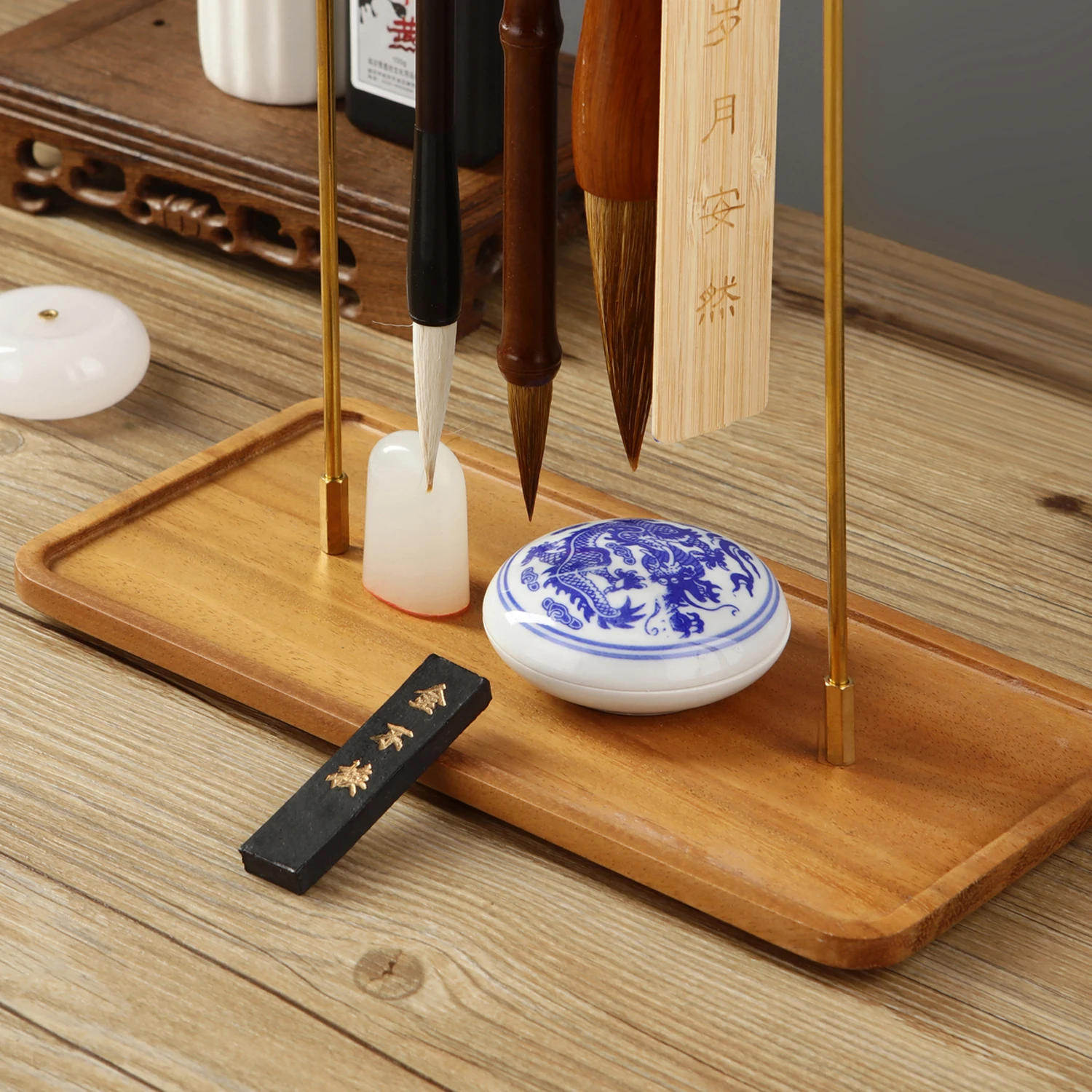 Metal Chinese Brush Pen Holder with Walnut Base Brass Calligraphy Rest Ink Hanger 8 Needles Writing Brush Holder