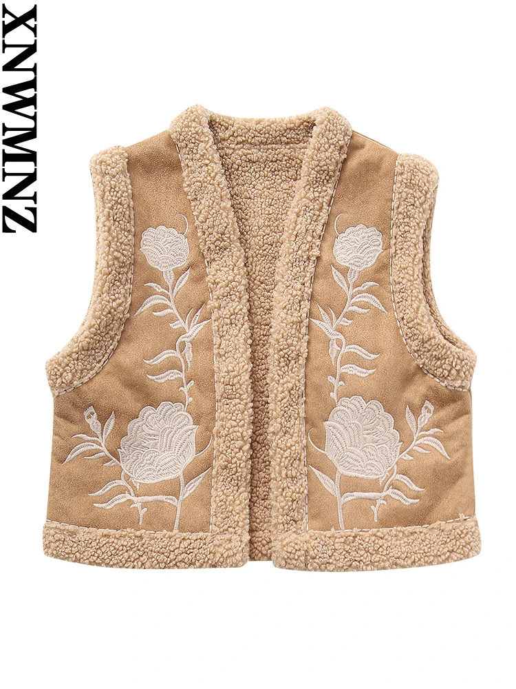 XNWMNZ Women\'s Fashion 2023 Autumn/Winter Double-Faced Faux Fur Embroidered Waistcoat Female Retro Open Versatile Female Vest