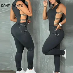 2023 Women Sense of Design Sexy Solid Criss Cross Skinny Sleeveless Elastic Bandages Side Skinny Jumpsuit