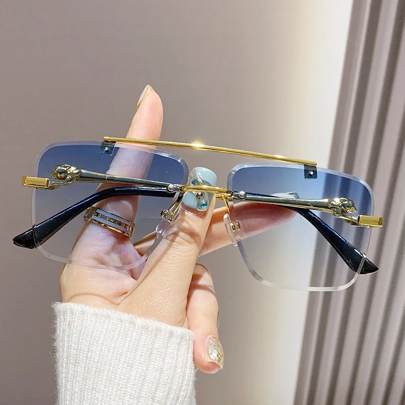 Rimless Square Pilot Sunglasses Women For Men Fashion Vintage Luxury Brand Designer Sun Glasses Punk Metal Gold Leopard Shades image 5