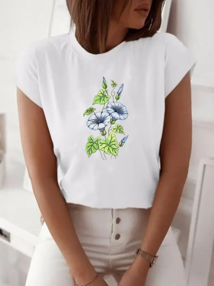 Camiseta con estampado de flores para mujer, ropa de manga corta para mujer, camiseta estampada para mujer, moda de primavera y verano