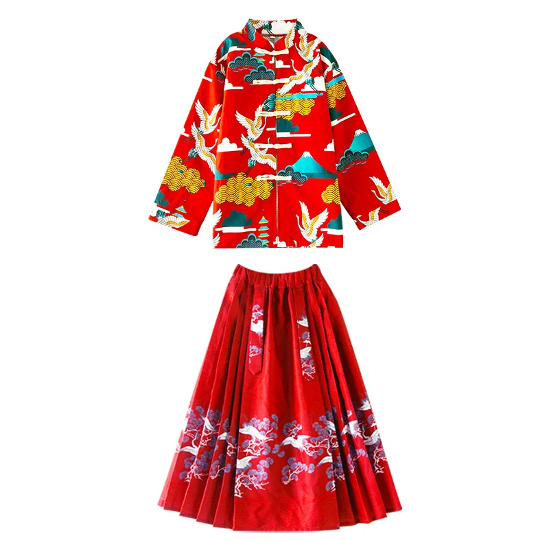 Trajes de Dança Hanfu Tradicional Chinesa para Crianças, Roupas Estampadas Vermelhas, Top de Botão Sapo, Saia Plissada e Calças para Meninos e Meninas