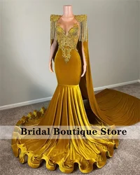 Long Gold Diamonds Prom Dresses 2024 With Cape Luxury Sparkly Crystals Beads Gown Tassels Wedding Party Gown Customized