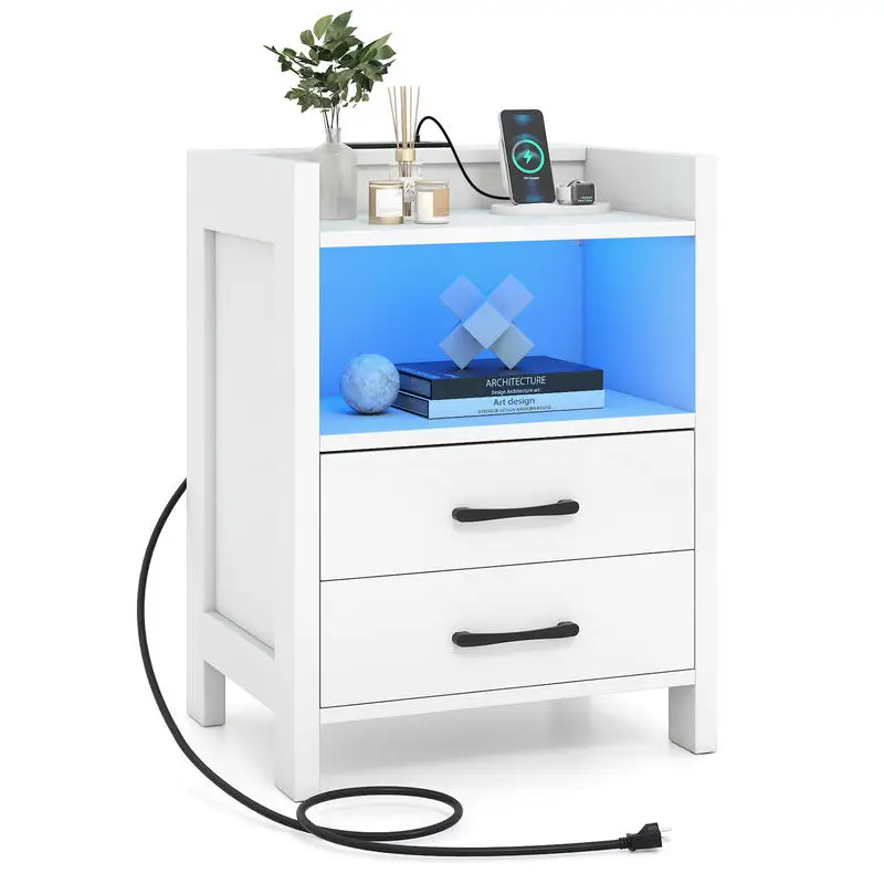 

23.5 Inches Nightstand with Charging Station and Open Storage Shelf-White