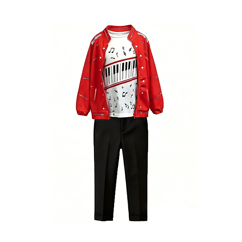 Jungen Pop-Musik Superstar Cosplay Outfit Rote Jacke Klavier-Print T-Shirt Hose Kinder Halloween Show Sänger Kostüm – Detail 7