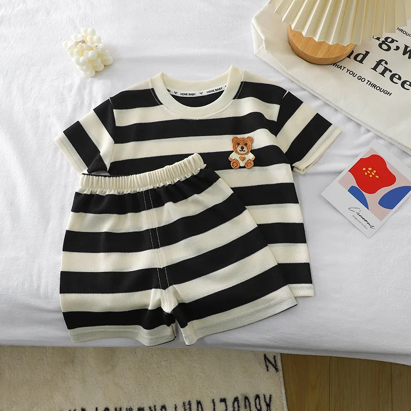 2024 Boys' Clothing New Children's Stripe Short Sleeve Set Summer Girls' Boys T-shirt Baby Two Piece Set