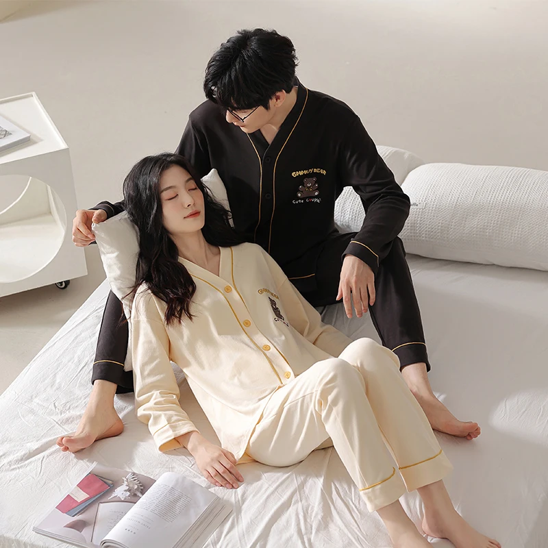 

Couple style pajamas pure cotton spring and autumn V-neck cardigan button style simple and comfortable men's and women's pajamas