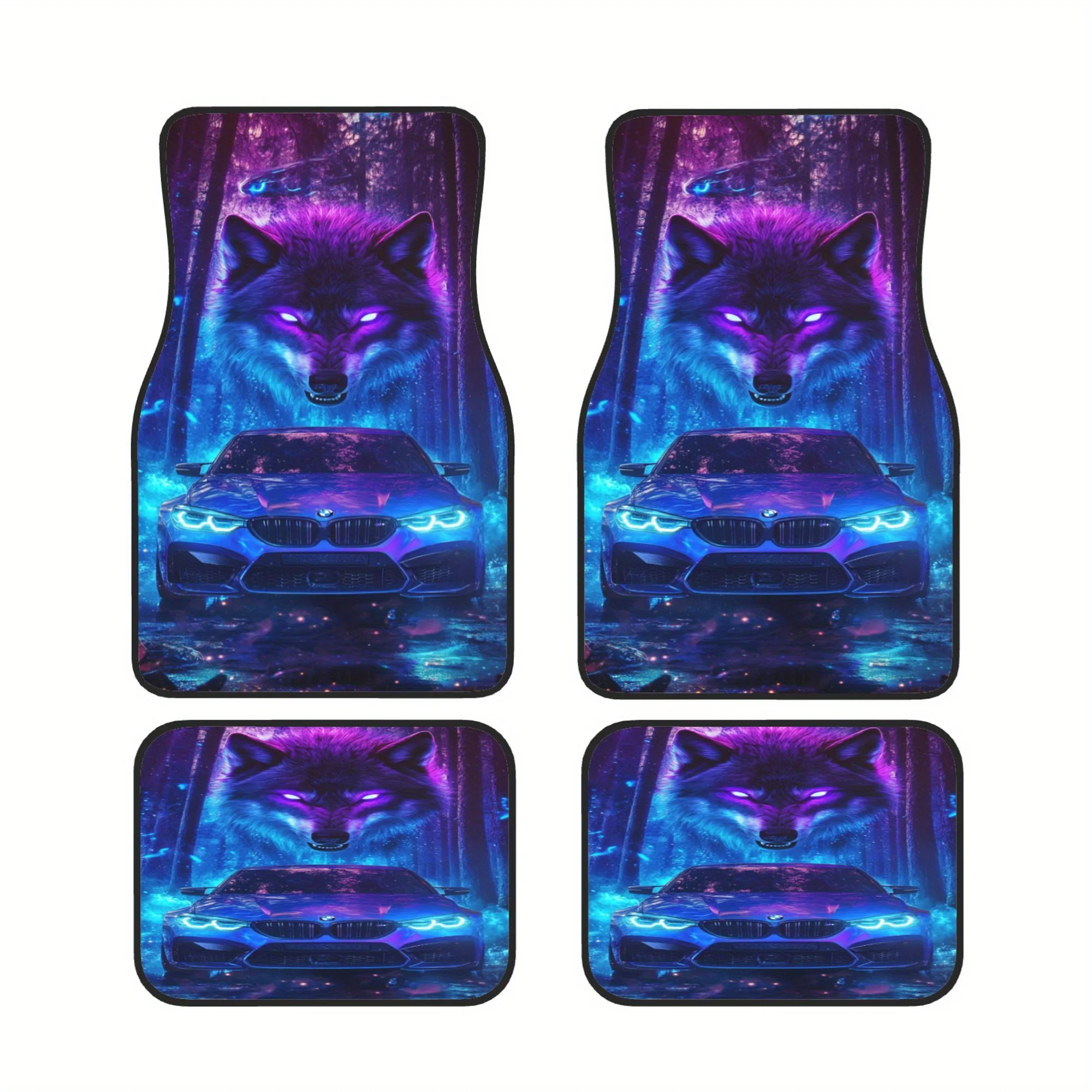 

4pcs Wolf Head And Car Pattern Design Car Floor Mats, Easy To Clean And Washable, Interior Accessories, Stylish Car Interior, Ho