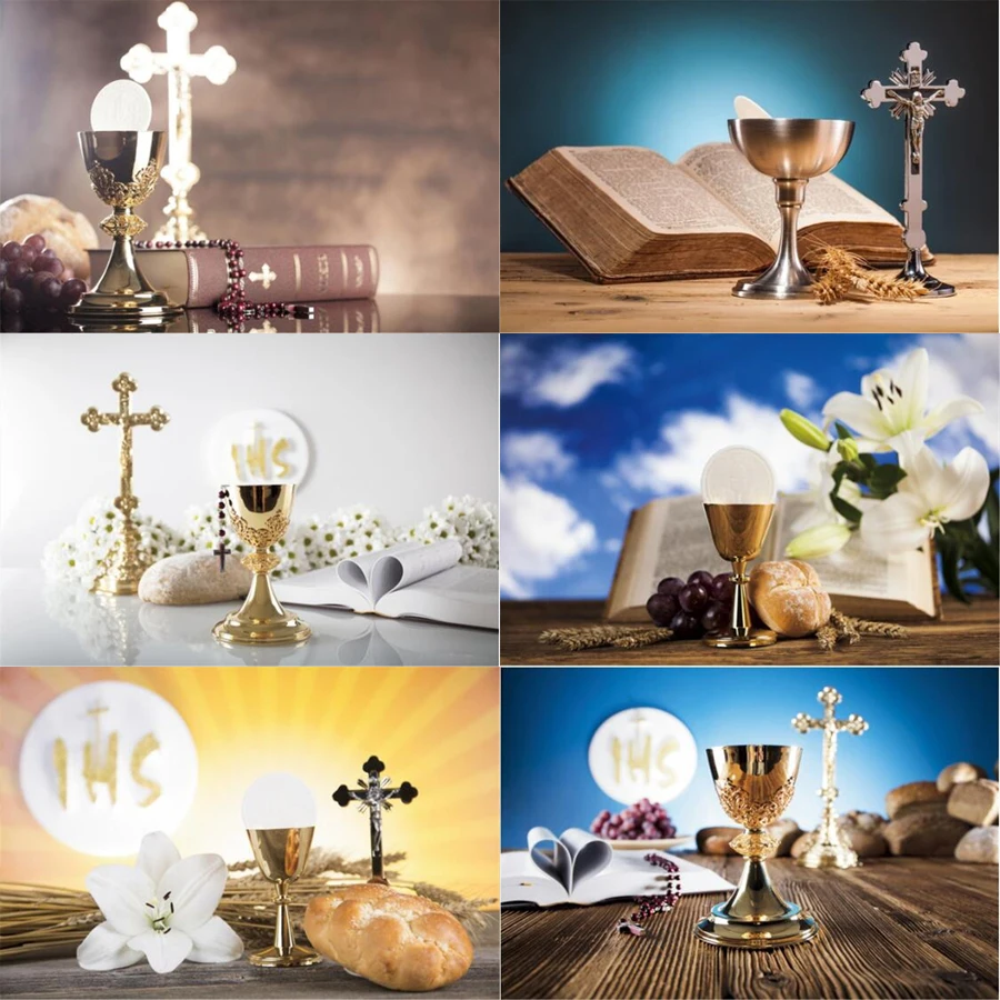 Photography Backdrop Baby Shower My First Holy Communion Catholic Theme Crucifix Chalice Bible Bread Photo Background Poster