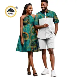 Vestidos halter sexy africanos para homens e mulheres, roupas combinando, conjuntos de camisa e calças curtas, roupas de casal bazin, 24C028, verão