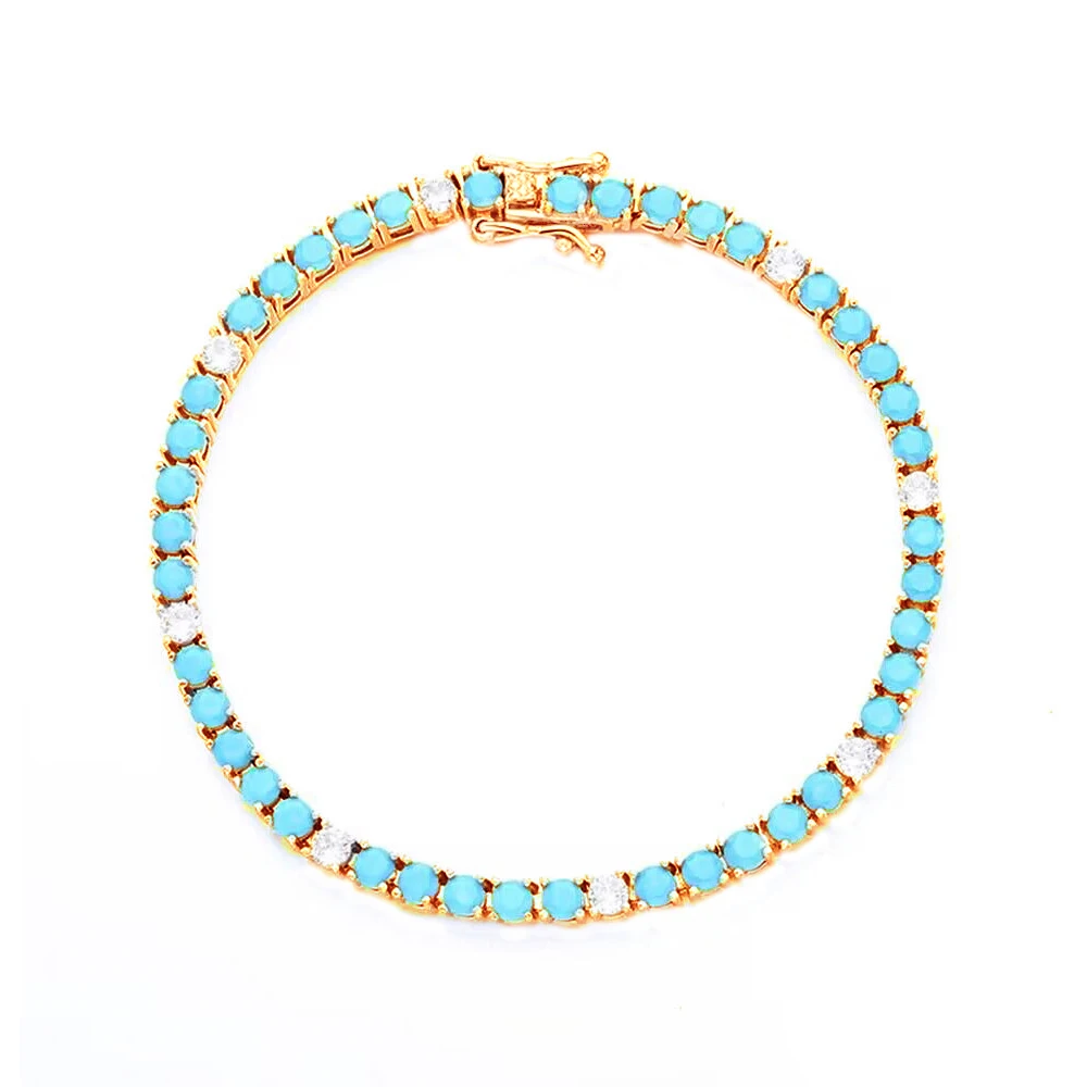 CWWZircons New Fashion 3mm Round Blue Turquoises Stone Classic Tennis Chain Bracelets for Women Girl Gold Plated Jewelry CB337