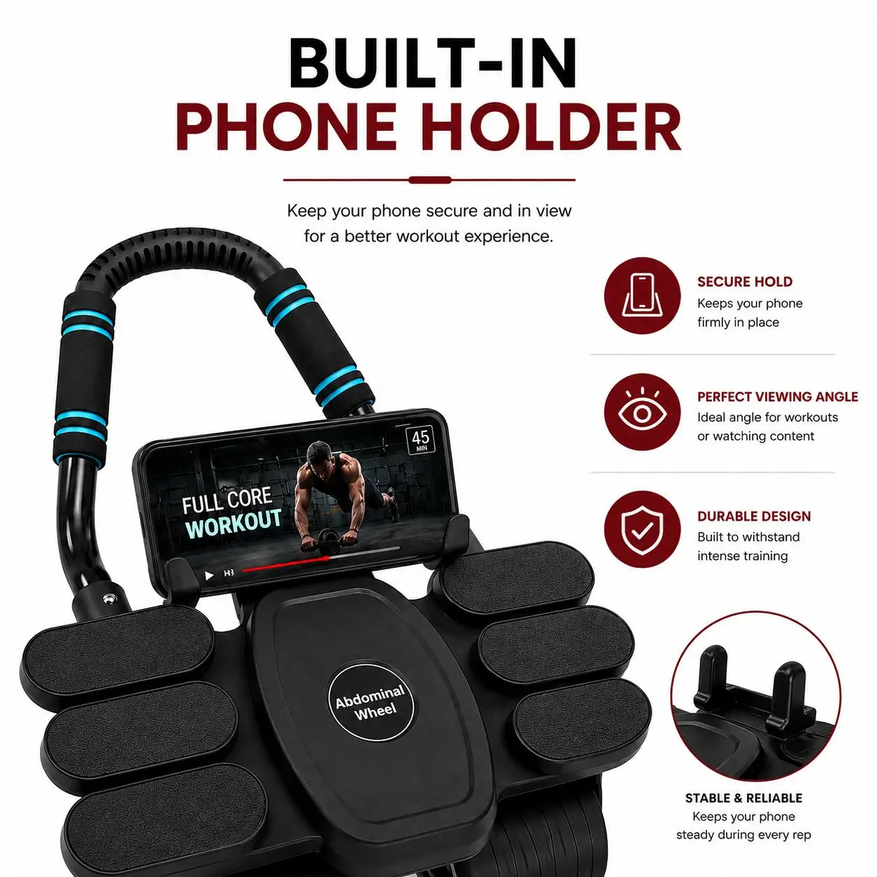 Automatic Rebound Ab Roller Wheel with Elbow Support 4-Wheel Abdominal Core Trainer Stable Workout Machine Built-in Phone Holder Knee Mat Home Gym Fitness Equipment for Men Women Core Strength Training