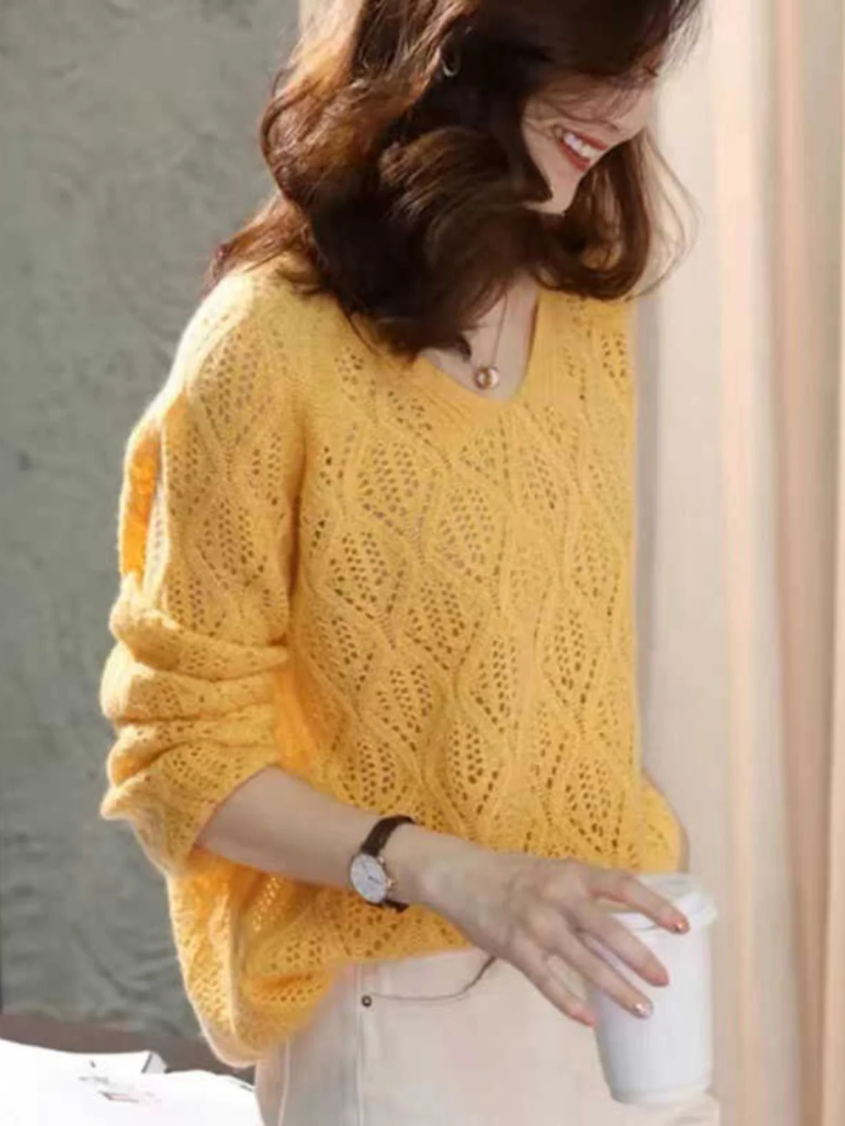 سترة نسائية محبوكة فاخرة من ماركة أوروبية، تصميم فضفاض بأكمام طويلة، أسلوب عملي، طول عادي، مناسبة لفصل الربيع #2