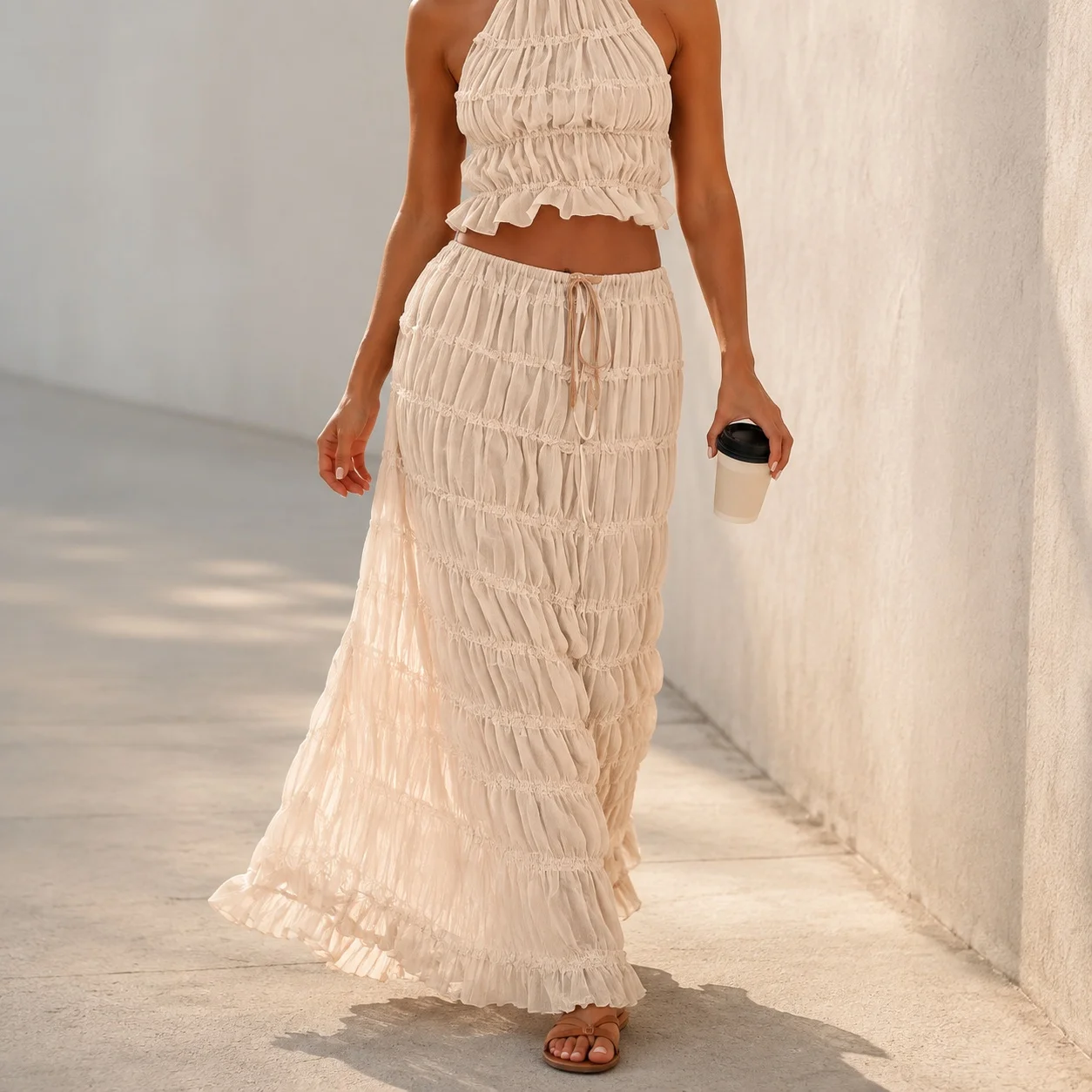 Tank Top Long Dress Set with Crinkle Texture Crinkled Sleeveless European and American Style Street Sexy Spring Women Dress
