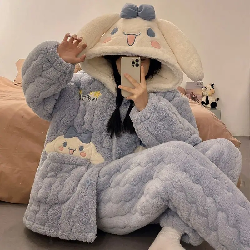 

Kawaii Cinnamoroll Pajamas Women's Three-Layer Cotton Nightgown Winter My Melody Kuromi Flannel Robe Thickened Warm Lounge Wear