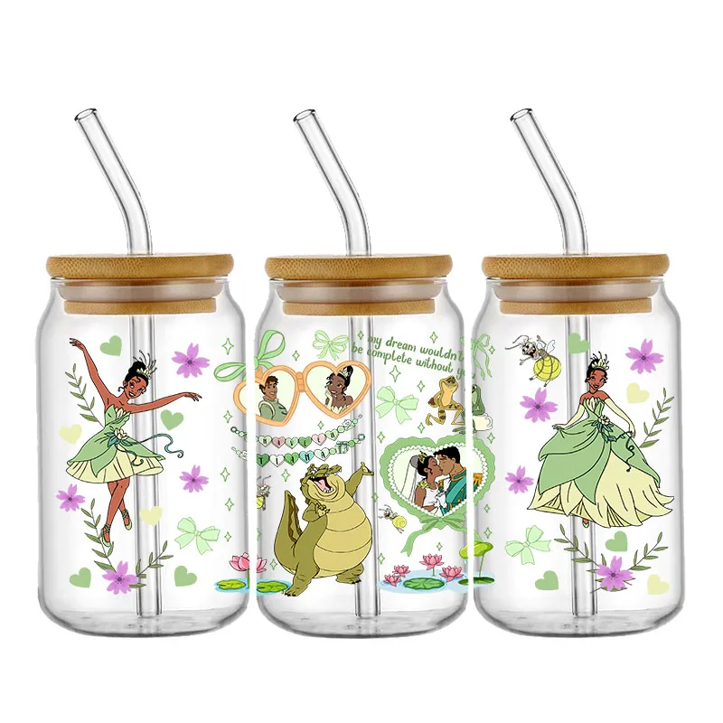 Princess 16oz Libbey Glass Can UV DTF Wrap DIY Libbey Glass Can UV DTF Transfer Senior 3D Sticker Winnie Bear