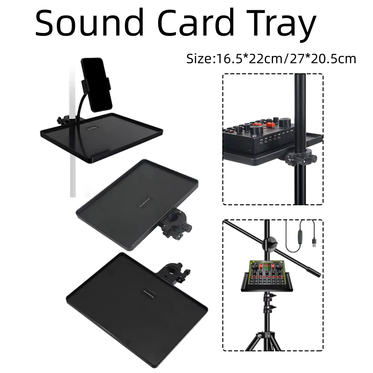 

Sound Card Tray with Mobile Phone Holder for Microphone Stand Compatible with Various Stands Easy Accessory Storage