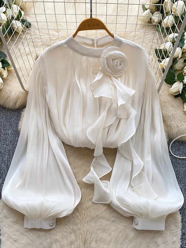 

Женская блузка во французском стиле суда с 3D цветочным декором, однотонный топ с длинными рукавами-фонариками, яркий тканевый топ Blusa, женские топы BL322