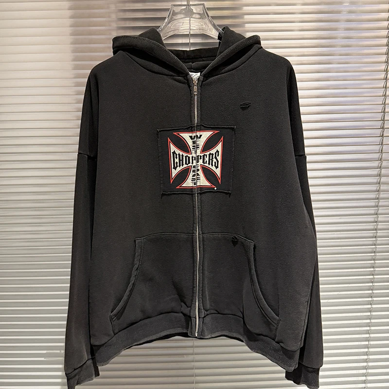 26FW Men Women Patterned Print West Coast Hooded Zip Up Jacket Vintage Washed Black Oversized Highest Quality Cotton Hoodie