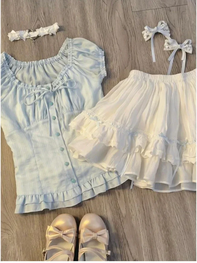 2024 Summer Y2k Elegant Sweet 2 Piece Set Women Blue Casual Lace-up Blouse +White Cake Chic Skirt Female Korea Fashion Suit Chic