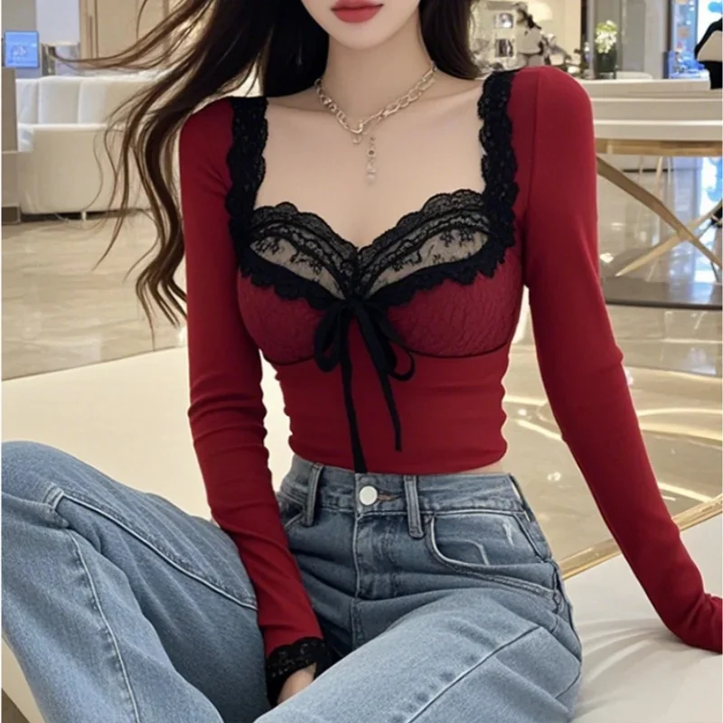 2023 neue Trend Sexy Temperament Modische Spitze Patchwork Rot Top T Weiblichen Frühling Herbst Schlank Schnürung Langarm T-Shirts